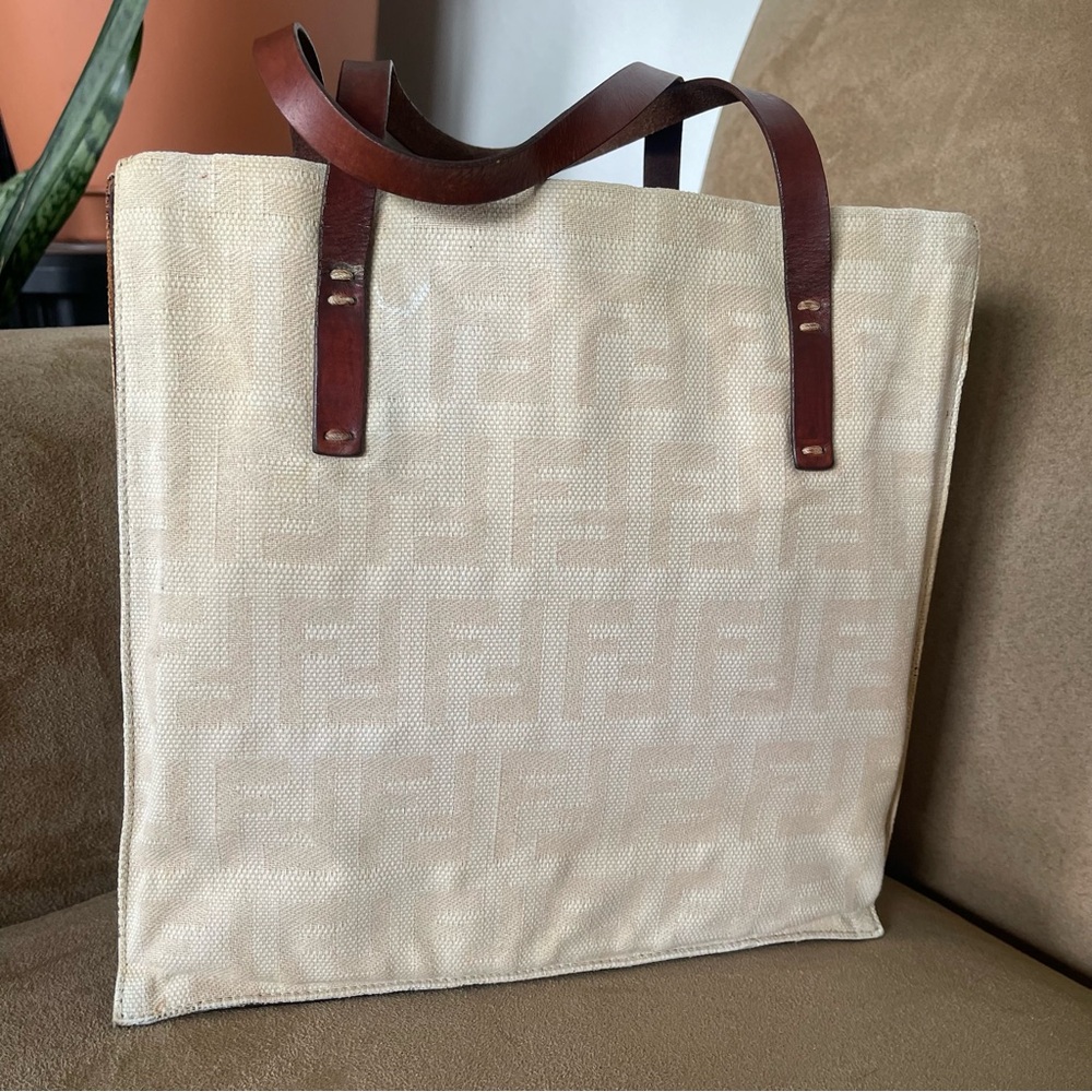 Fendi Beige Canvas FF Tote with Brown Leather Straps